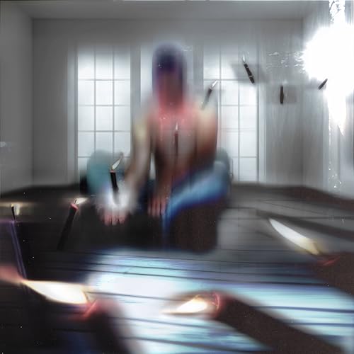 Blurred figure in a brightly lit, tiled room with scattered objects.