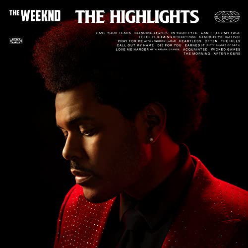 The Weeknd in a red blazer against a black background with tracklist text overlay.