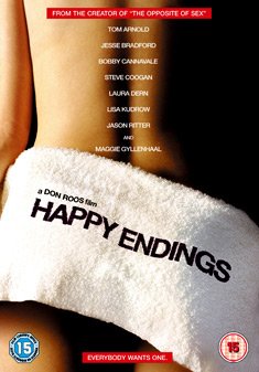 DVD cover for "Happy Endings" featuring a partial nude figure and text.