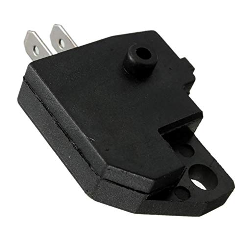 Black plastic electrical switch with two metal prongs and a button.