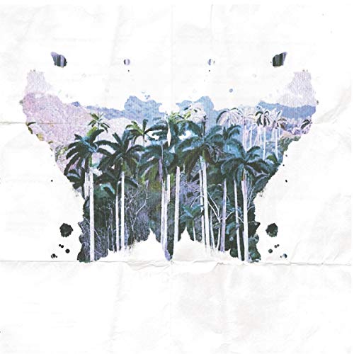 Album cover with a butterfly shape formed by palm trees and sky.