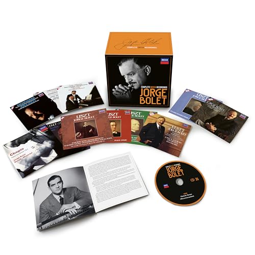 A box set of Jorge Bolet Decca recordings with various CD covers and a booklet.