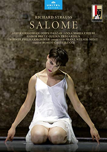 Salome DVD cover featuring Asmik Grigorian in a white dress kneeling.