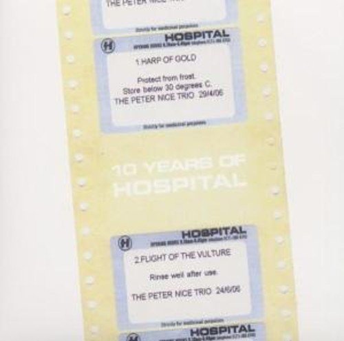 Vinyl record cover featuring medical-style labels for The Peter Nice Trio on yellow paper.