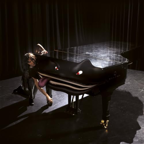 Woman with a piano transformed into a whale-like creature.