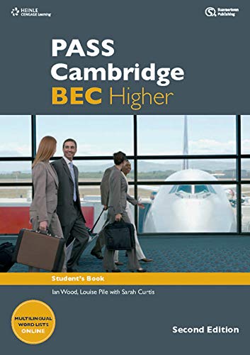 Textbook cover: "PASS Cambridge BEC Higher" with business people and an airplane.
