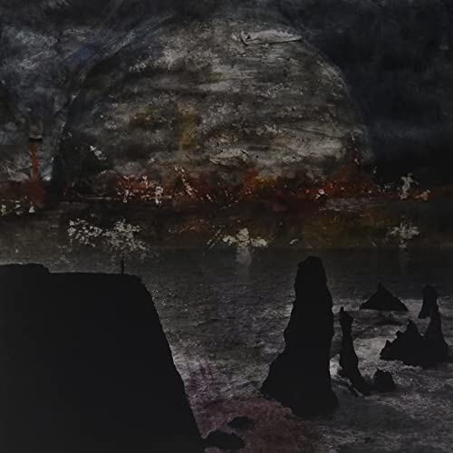 Dark, abstract landscape painting with a large moon shape and silhouetted forms.