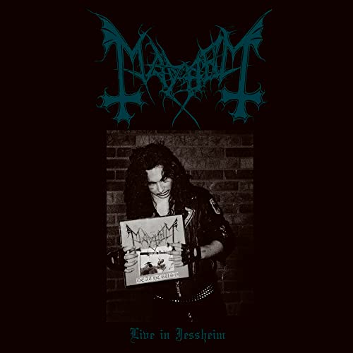 Mayhem album cover: band logo, black and white photo of a man holding a record.