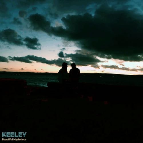 Silhouetted figures face each other against a cloudy sunset seascape.