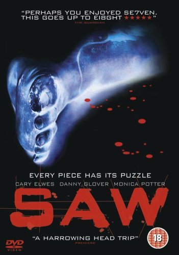 DVD cover for horror film "Saw" featuring a disembodied foot.