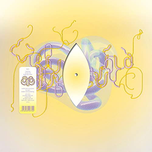 Björk's "Lionsong" vinyl record cover with abstract yellow and purple design.