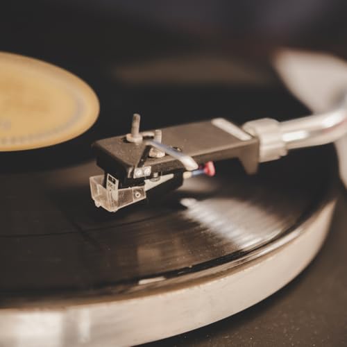 Close-up of a record player needle on a vinyl record.