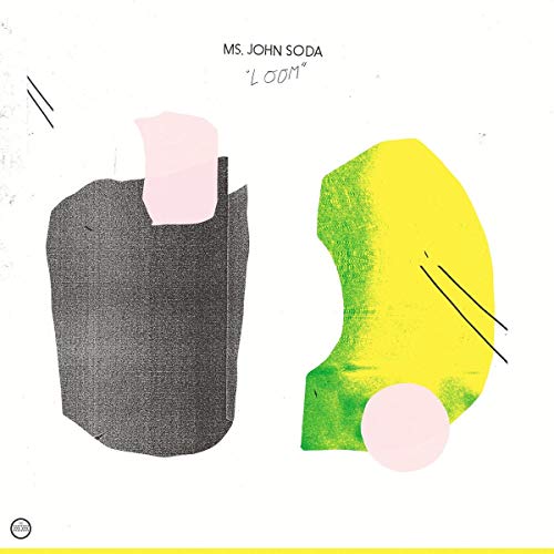CD cover for Ms. John Soda’s “Loom” with abstract pink, yellow, and black shapes.