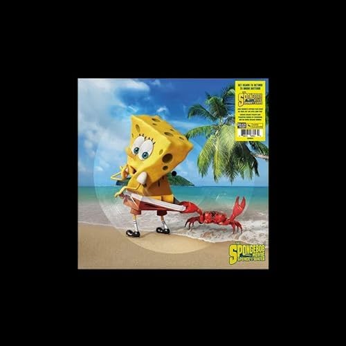 SpongeBob SquarePants and Mr. Krabs on a beach with a palm tree background.