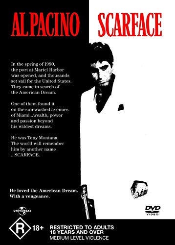 Scarface DVD cover featuring Al Pacino in a suit, holding a gun.