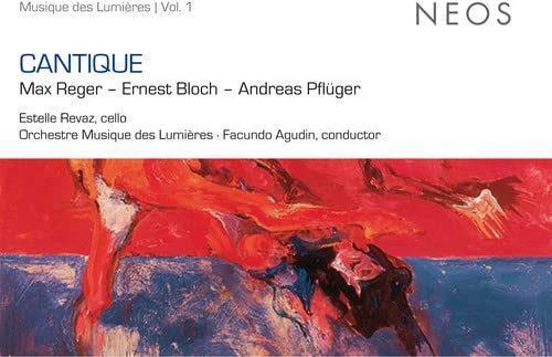 CD cover for “Cantique” featuring abstract red and blue brushstrokes.