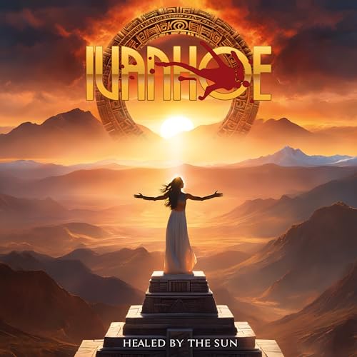 CD cover: woman on stone platform, sun, mountains, and ornate design.