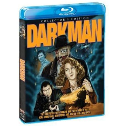 Darkman Blu-ray cover featuring a disfigured man, a woman, and a gunman.