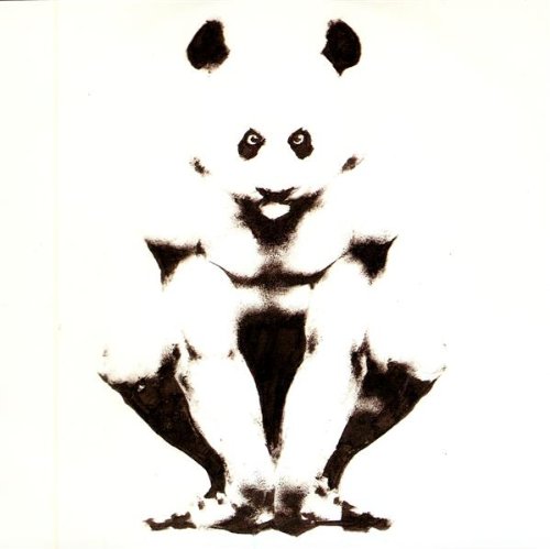 Black and white ink blot illustration of a seated panda.