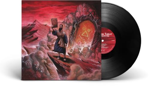 Vinyl record and album cover depicting a figure with a stone tablet.