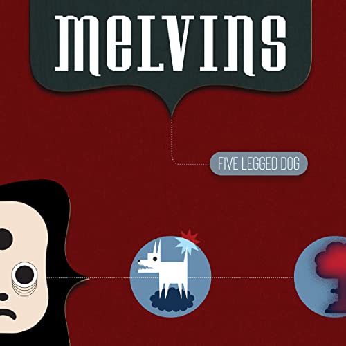 Melvins album cover: red background, dog, face, and mushroom illustrations.