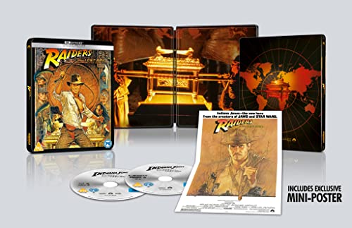 Raiders of the Lost Ark" steelbook Blu-ray with Indiana Jones on cover.