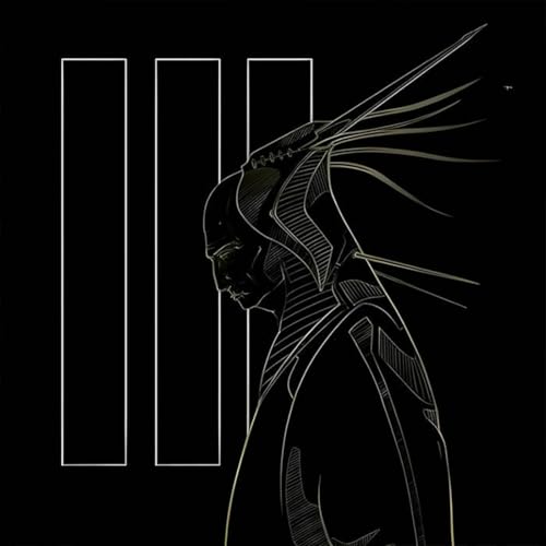 Black and white line art portrait of a figure with three vertical bars.