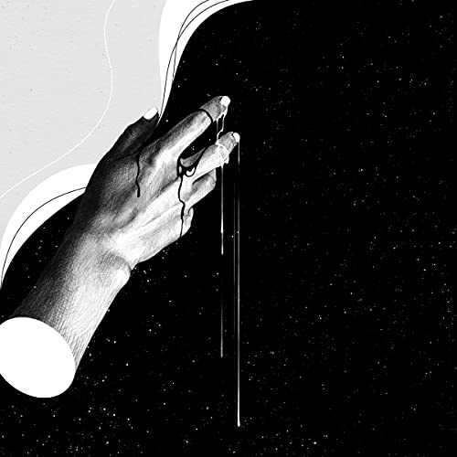Black and white illustration of a hand with dripping liquid, dark background.