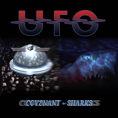 UFO band logo above a split image of a silver UFO and a shark.