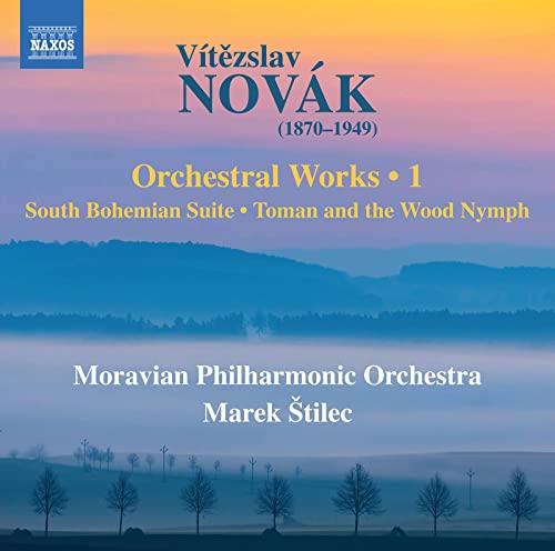 CD cover featuring a misty landscape at sunset with text identifying Vítězslav Novák's orchestral works.