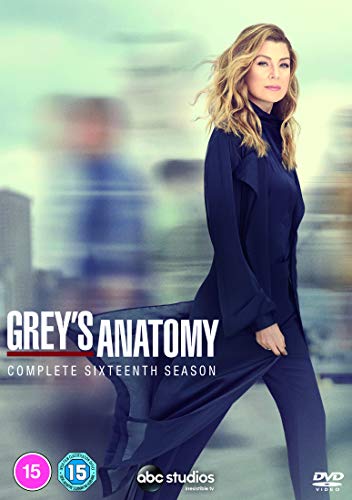DVD cover for Grey's Anatomy season sixteen featuring Meredith Grey in a blue outfit.