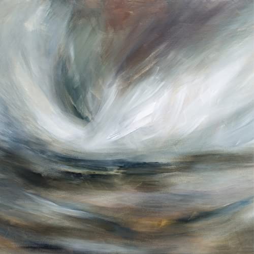 Abstract painting of swirling white and grey waves, earthy tones below.