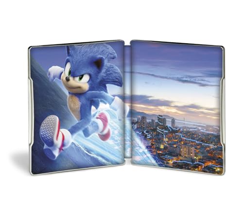 Open steelbook Blu-ray case featuring Sonic the Hedgehog running and a city skyline.