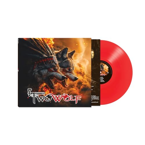 Vinyl record with red disc and album cover featuring two wolf heads.