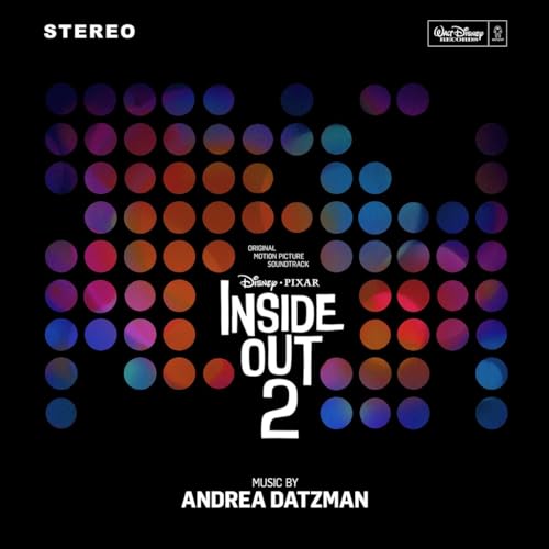 “Inside Out 2” vinyl record cover with colorful dot pattern and text.