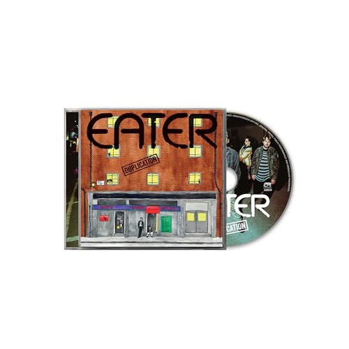 CD case for Eaterās āDuplicationā with painted building and band photo.