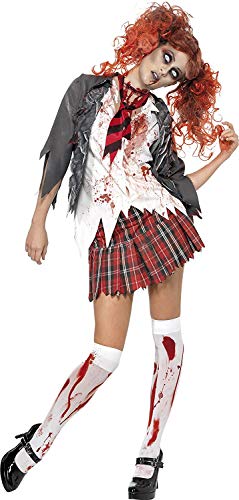 Smiffys Adult Women's High School Horror Zombie Schoolgirl Costume, Jacket, Attached Shirt, Tie and Skirt, High School Horror, Halloween, Size: L, 32929