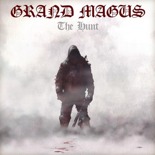 Hooded figure standing in misty, snow-covered landscape with rifle and bloodstains on the ground.