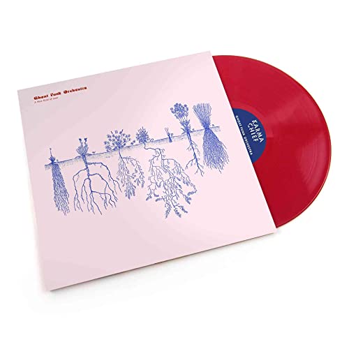 Red vinyl record and album cover with blue line drawings.