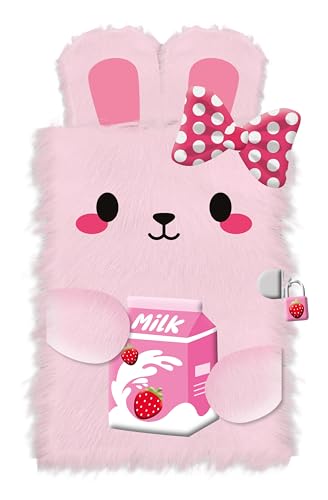 A fluffy pink bunny diary with a polka dot bow and strawberry milk carton.