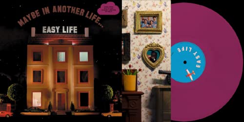 Vinyl record cover featuring a house, portraits, and pink disc.