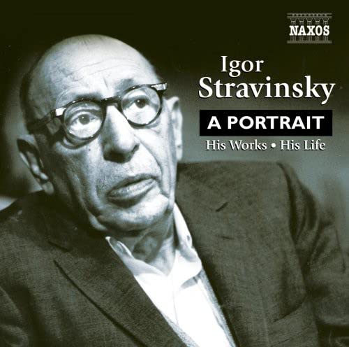 CD cover featuring a portrait of composer Igor Stravinsky in glasses.