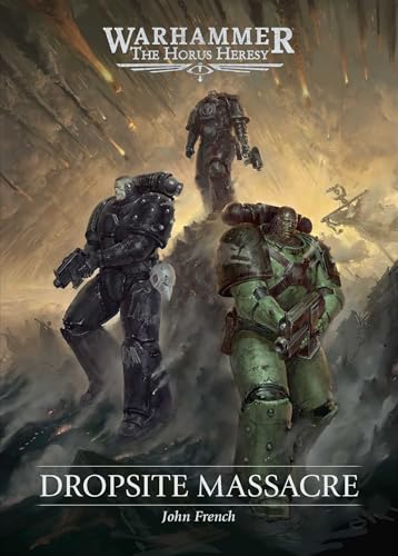 Three armored space marines stand on a battlefield under a raining, smoky sky.