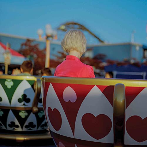 Person with blonde hair on a red teacup ride at an amusement park.