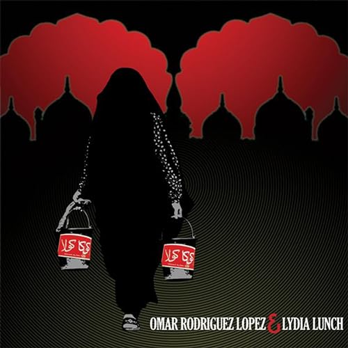 Silhouetted figure with buckets before a red, ornate architectural backdrop.