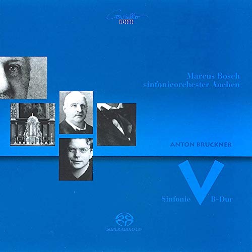 CD cover for Bruckner’s Symphony No. 5 with portraits and blue background.