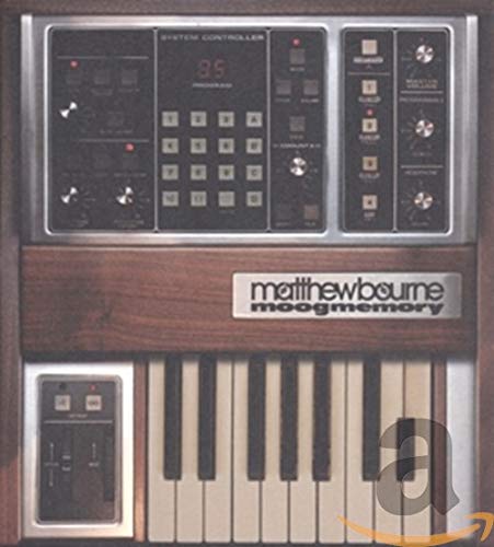 Vintage Moog synthesizer with keyboard and display, album cover art.