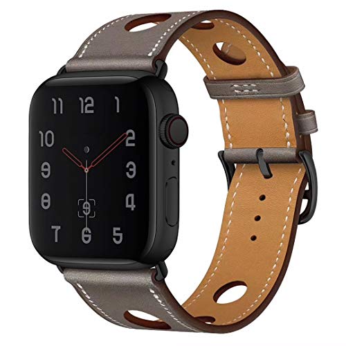 Smartwatch with a brown leather band and a black watch face.