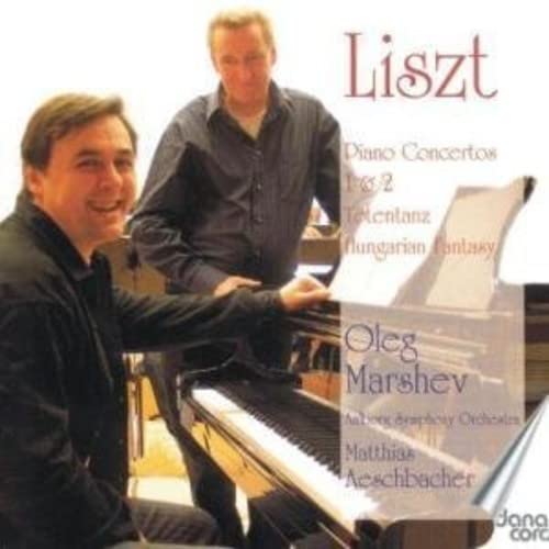 CD cover featuring two men and a piano, promoting Liszt’s compositions.
