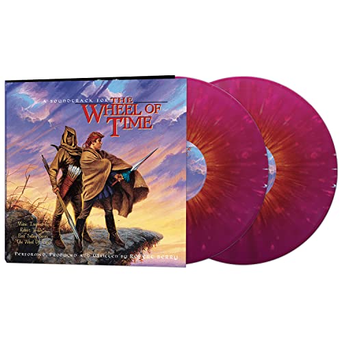 “The Wheel of Time” soundtrack vinyl record with character artwork and pink discs.